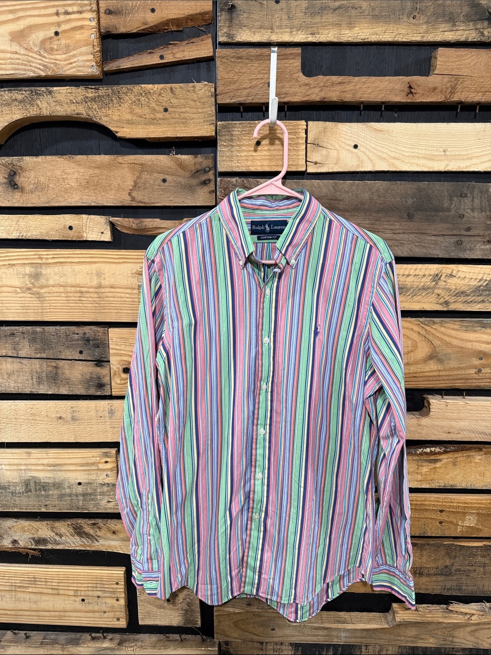 Polo Ralph Lauren Shirt - Blue Tag Mens
M Pink Green Striped Button Up Purple